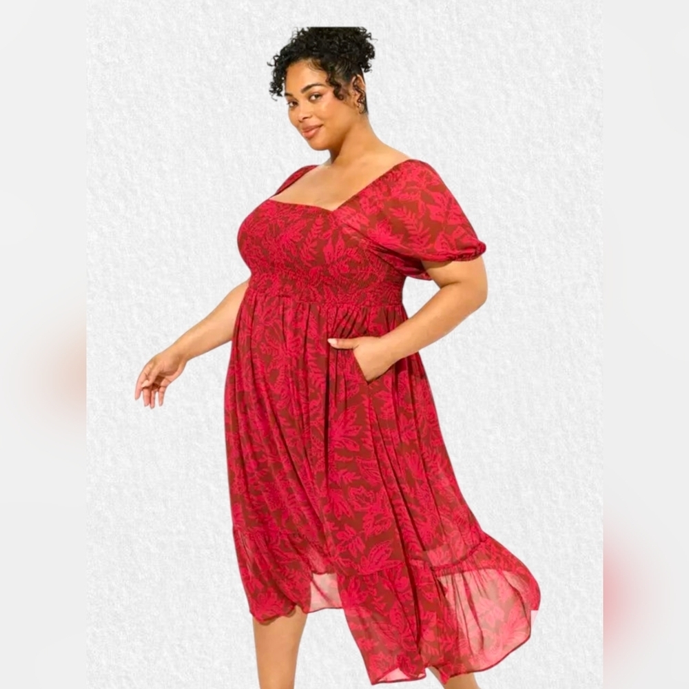 torrid Red Floral Midi Dress with Puff Sleeves